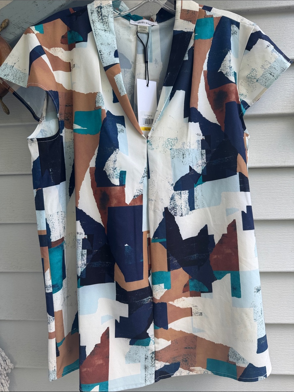 Calvin Klein Abstract Short-Sleeve V-Neck Top - Navy, Teal & Brown